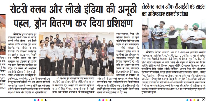 Local newspaper clipping titled 'Drone Training Takes Off' showing instructor with students in yellow uniforms